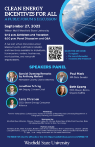 Flyer showing the speakers for the Clean Energy Incentives For All Forum on September 27, 2023 at the Westfield State University