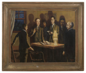 Homestead Inauguration oil on canvas portrait of Calvin Coolidge taking the oath of office from his father following Harding's death on August 3, 1923 in his father's living room in Plymouth Notch, Vermont. 4 additional people around table. 