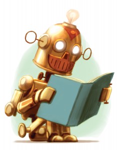 illustration of a robot reading a book