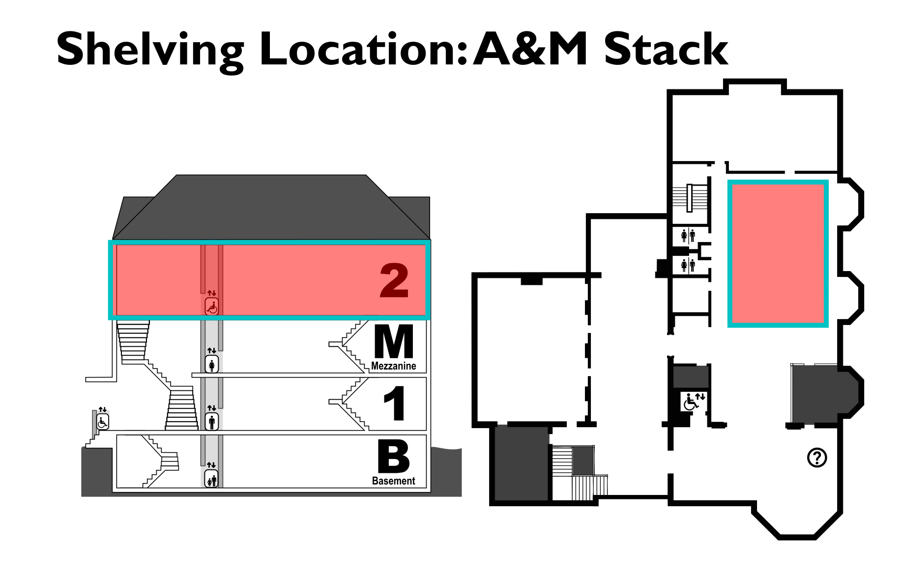 map showing the location of the A&M Stack shelving location
