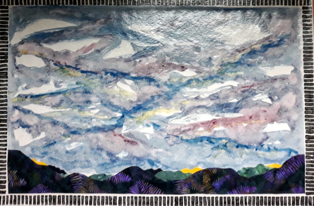 "Stormy Sky Over Purple Mountains" Mixed media canvas floor cloth, by Joanne Gold