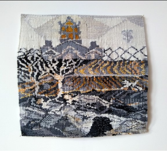 Remembering the Forgotten, hand-woven tapestry (linen warp; wool, silk, metallic weft) 9.5” x 10”, by Tamar Shadur