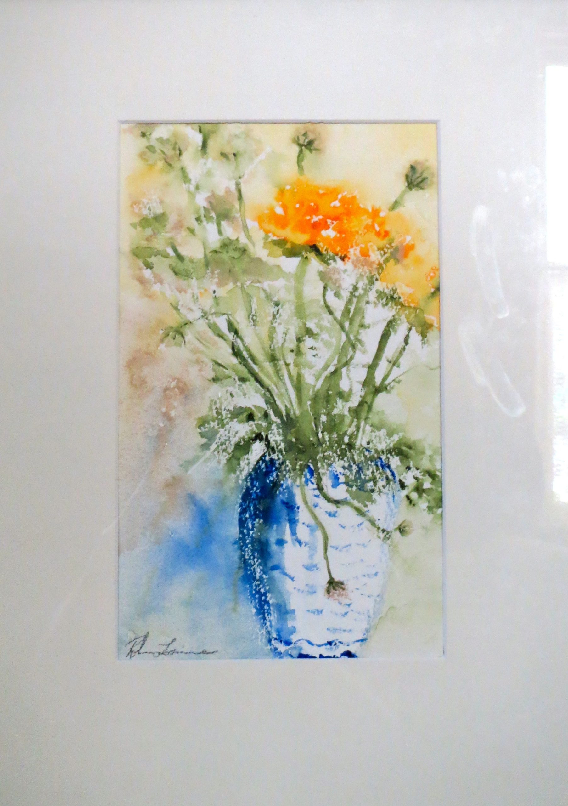 Blue and White Vase with Yellow Flowers, watercolor on paper by Robin Levine