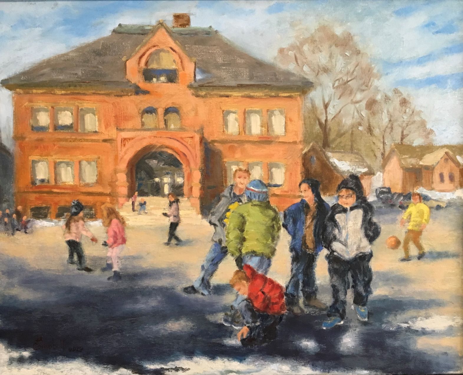 Center School Recess, Easthampton. oil on canvas by Dennis Campbell