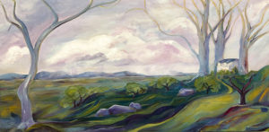 Real and Imagined Landscape Ribbons in Ochre Oil on canvas 36X18, b y Carol Duke