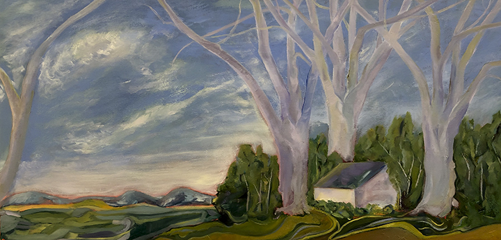 Real and Imagined Landscape with Orchard Oil on canvas 36X18, by Carol Duke