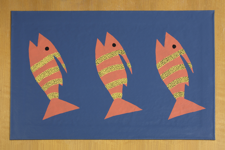 "Three Orange Fish" Painted canvas floor cloth, by Joanne Gold