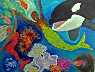 Orca & Merfolk ~ acrylic on canvas by Bonnie "fireUrchin" Lambourn