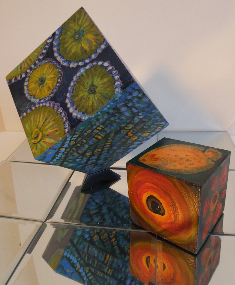 Sealife, oil paint on two wooden cubes, by Sally Dillon