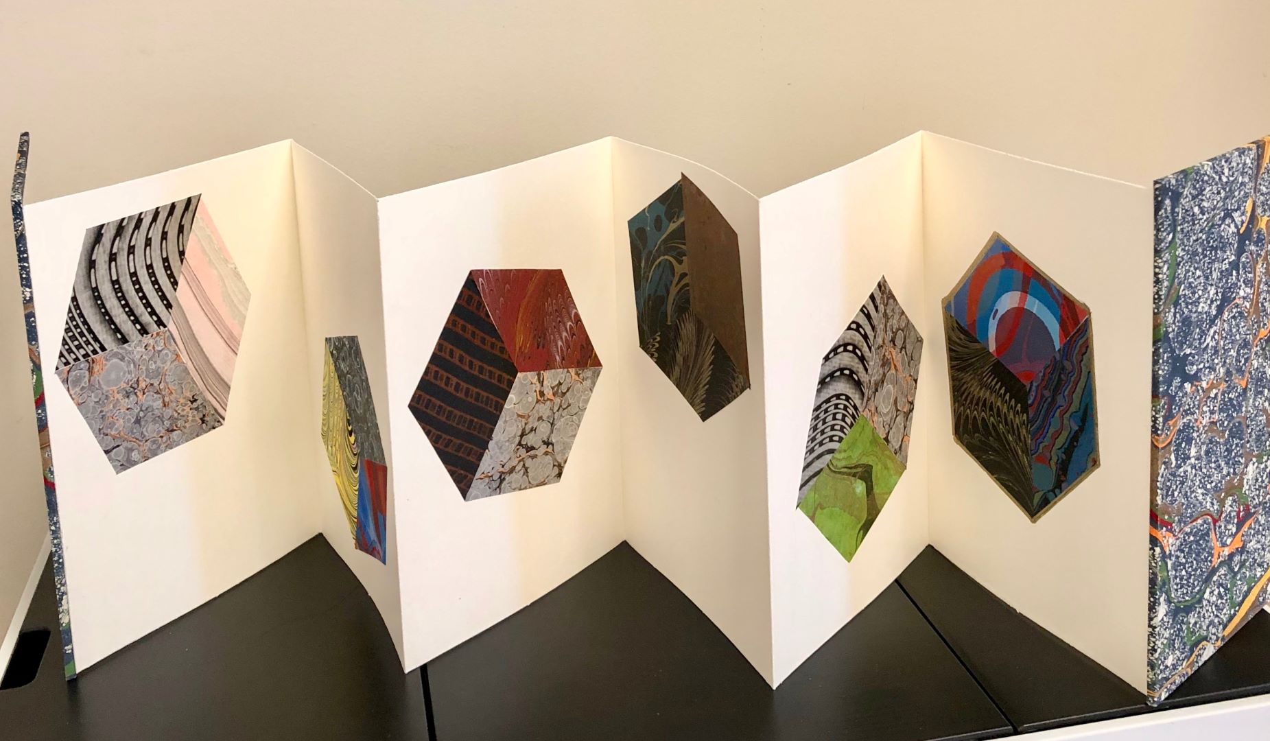 Accordion Book Structure with Marbled Paper Cubes by Laurel Rogers