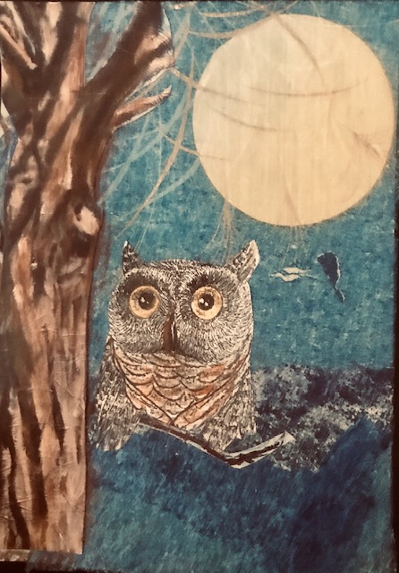 Night Owl, paper collage by Barbara Stroup