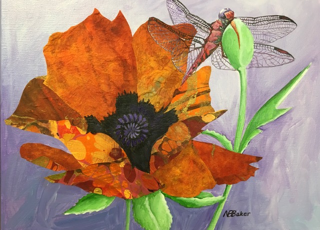 Poppy & Dragonfly, mixed media by Nancy B Baker