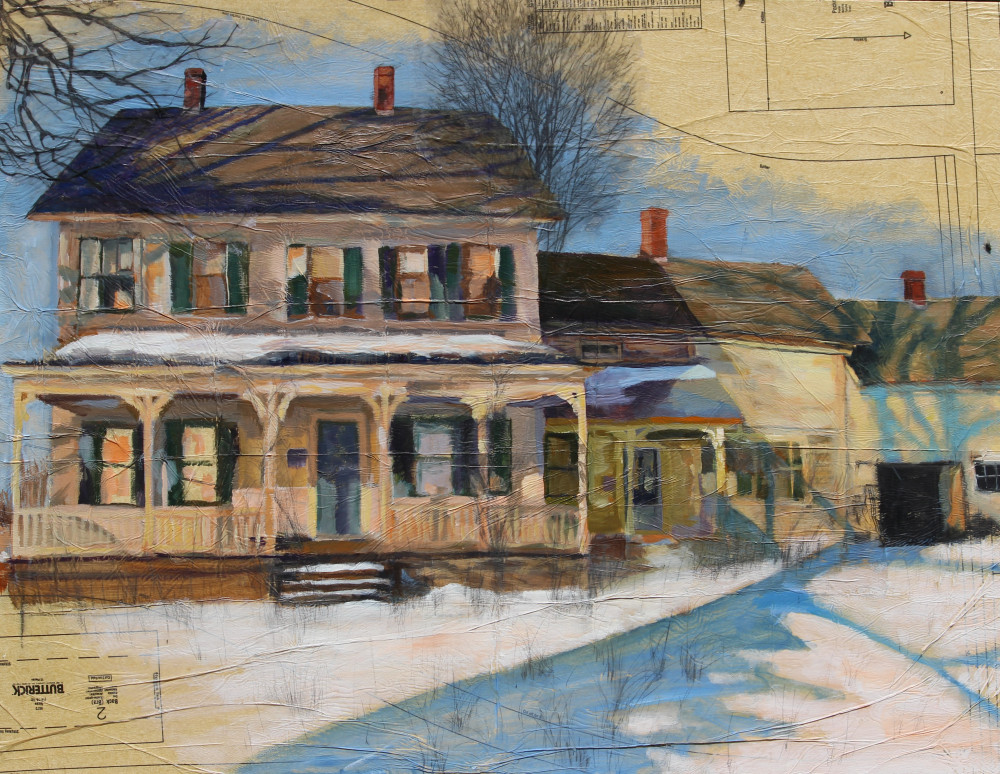 Hadley Farmhouse Drive-by, Mixed Media by Sue Fontaine