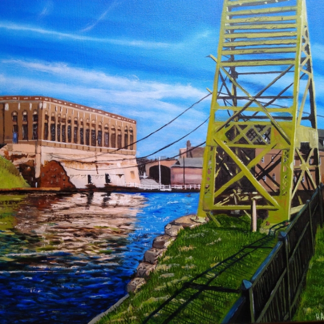 Holyoke Lower Canal Water Power Park, oil painting by Harold Dumas