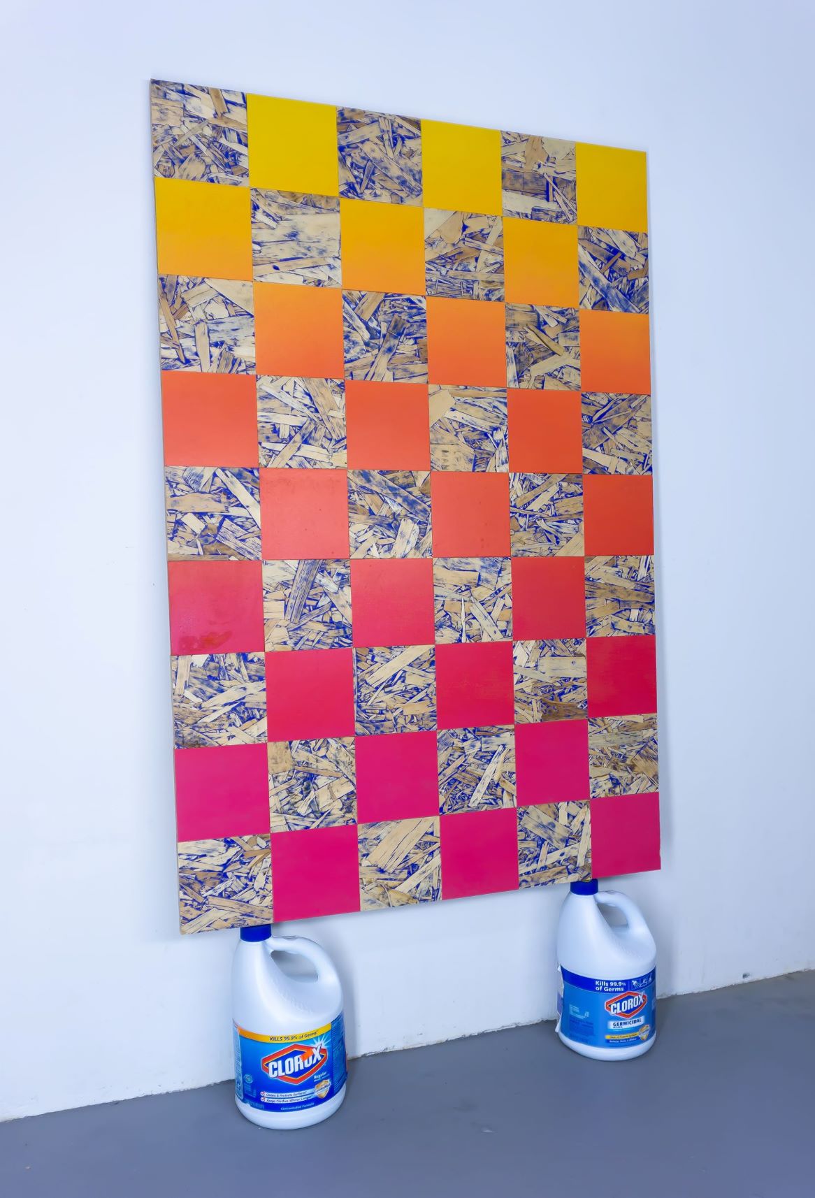 Gradient with Clorox, acrylic on MDF and oriented strand board, Clorox bleach bottles; by Matthew Logsdon