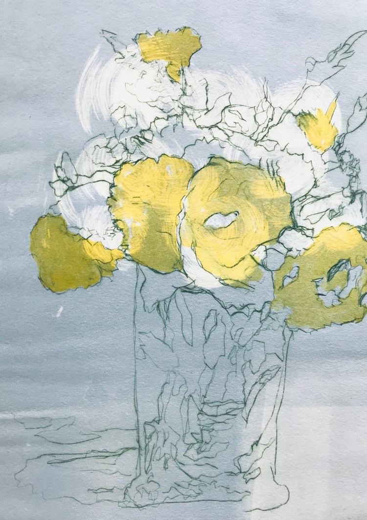 Yellow Roses - monotype/ dry point etching by Olwen Dowling