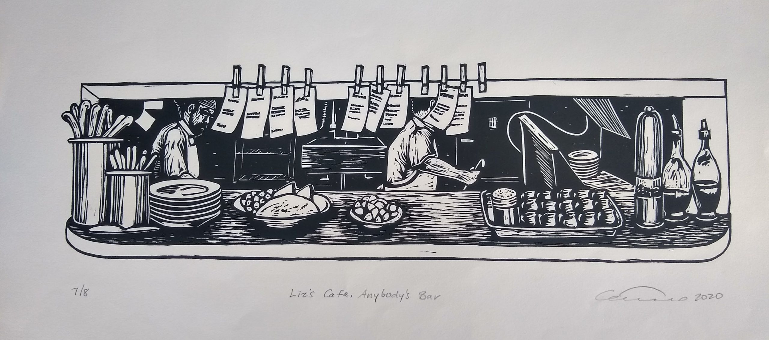 Liz's Cafe, Anybody's Bar (linocut print) by Catherine Aiello