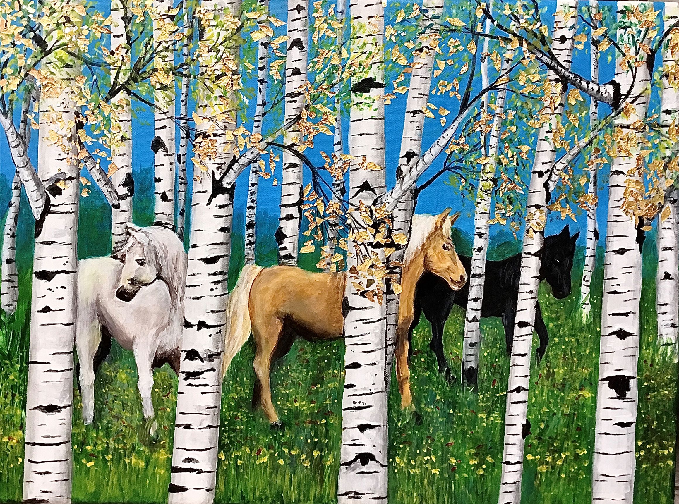 Mustang Rendezvous- Acrylic and gold by Betsy Koscher