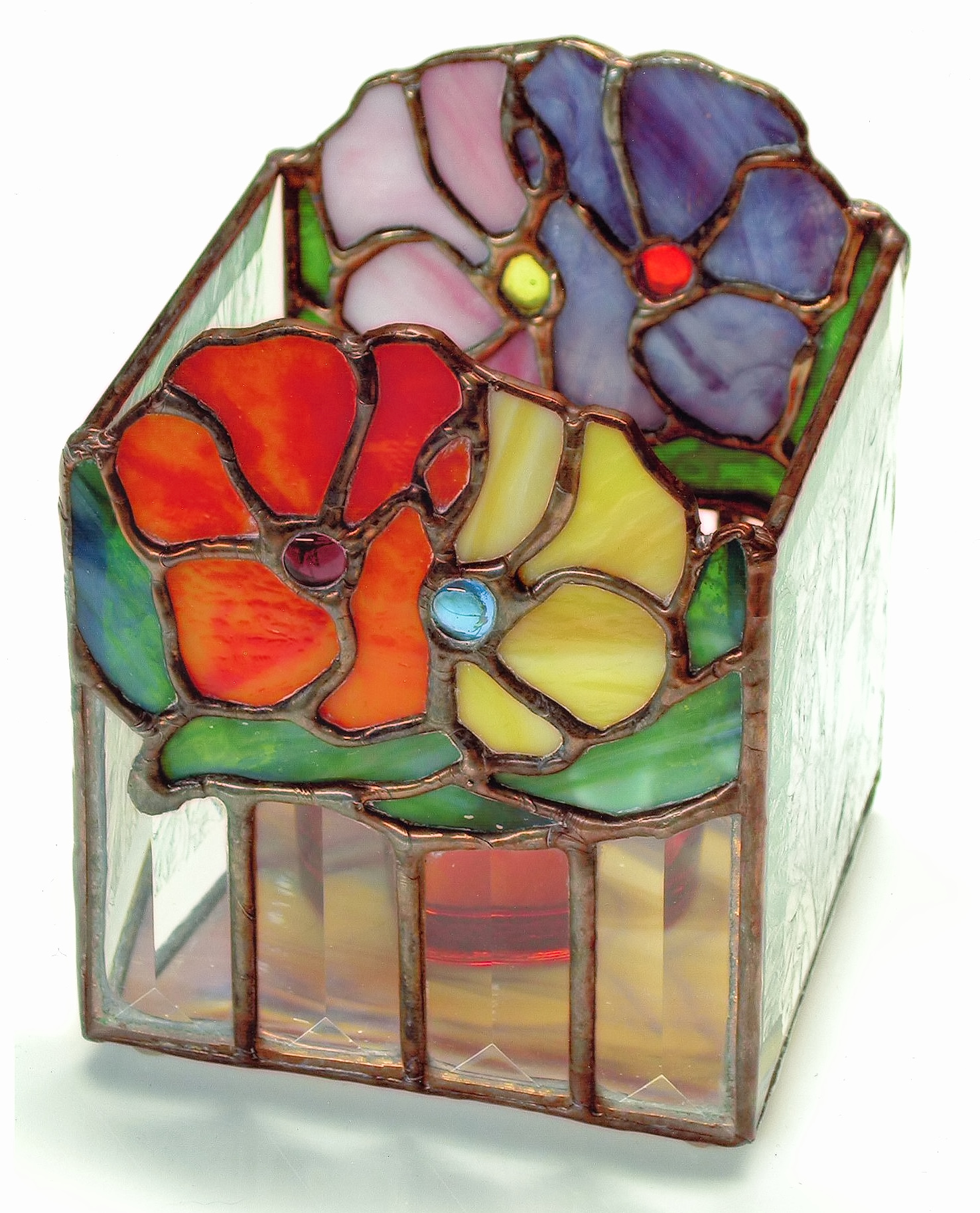 Floral Beveled Candle Holder, copper-foil stained glass by Christopher Lyons