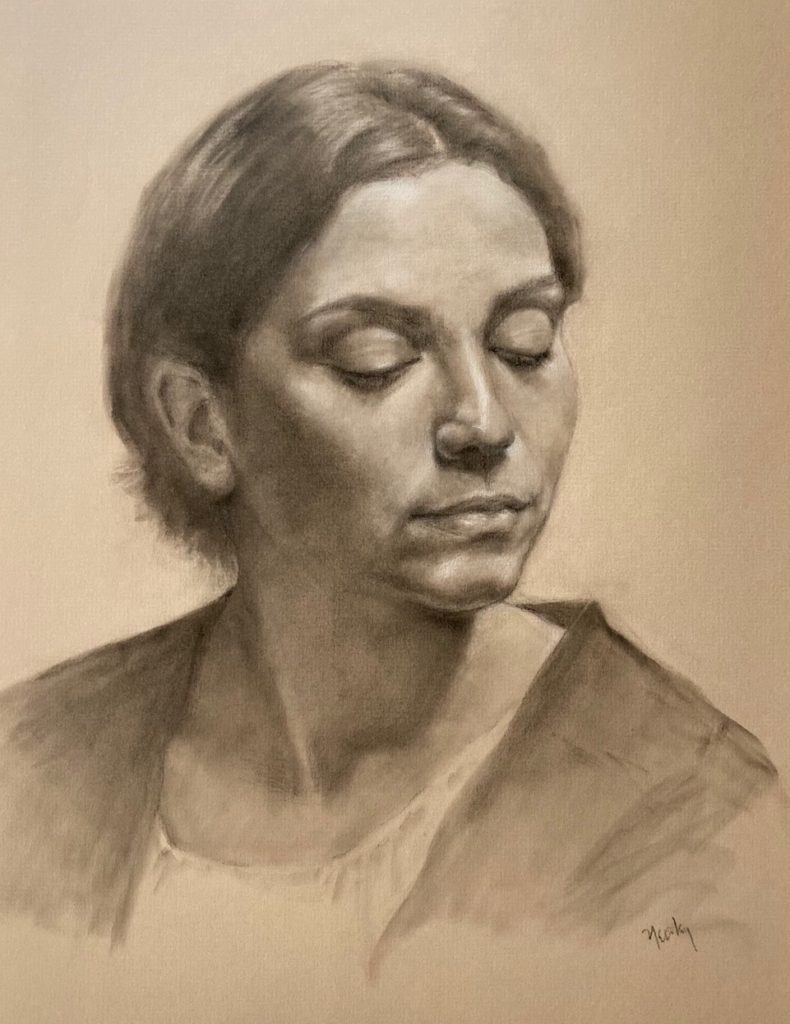 Portrait of Sasha, charcoal and chalk, by Lisa Yeisley