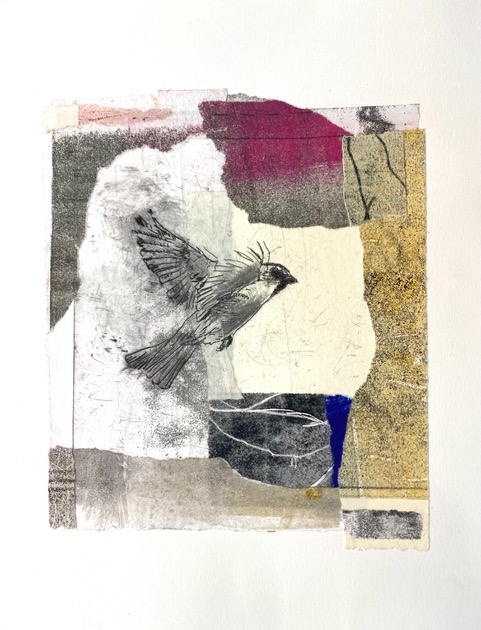 Birds Face Obstacles (magenta smoke), monotype/drypoint collage by Lynn Peterfreund