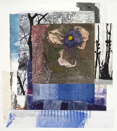 Birds Face Obstacles (dark flower), monotype/drypoint collage by Lynn Peterfreund