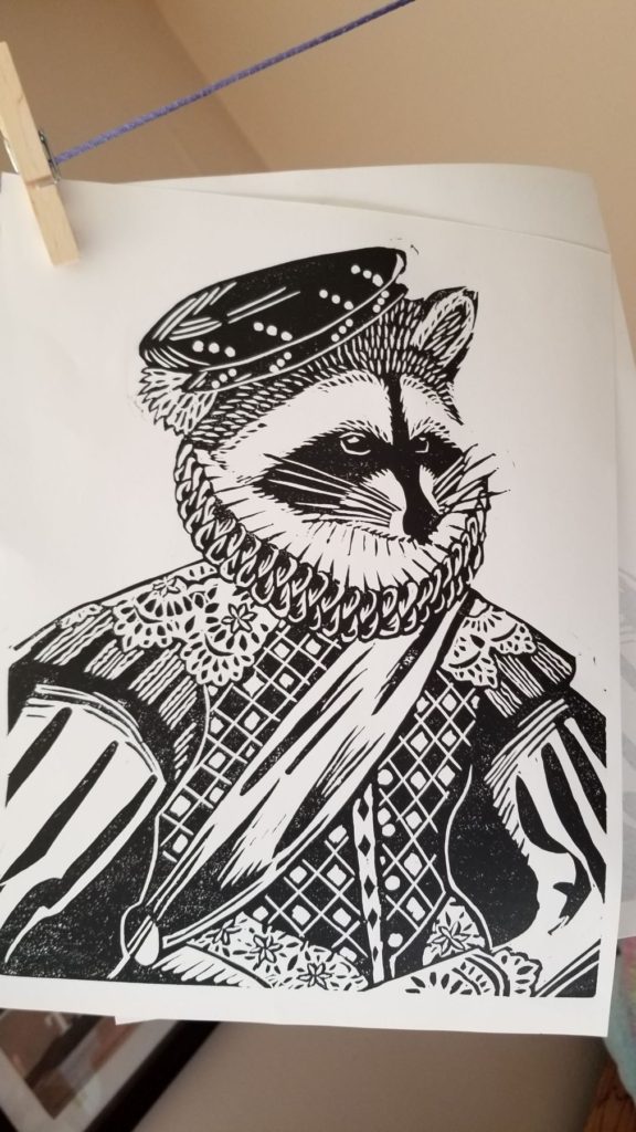 Renaissance Raccoon Prince, linocut print, by Jayce Neal