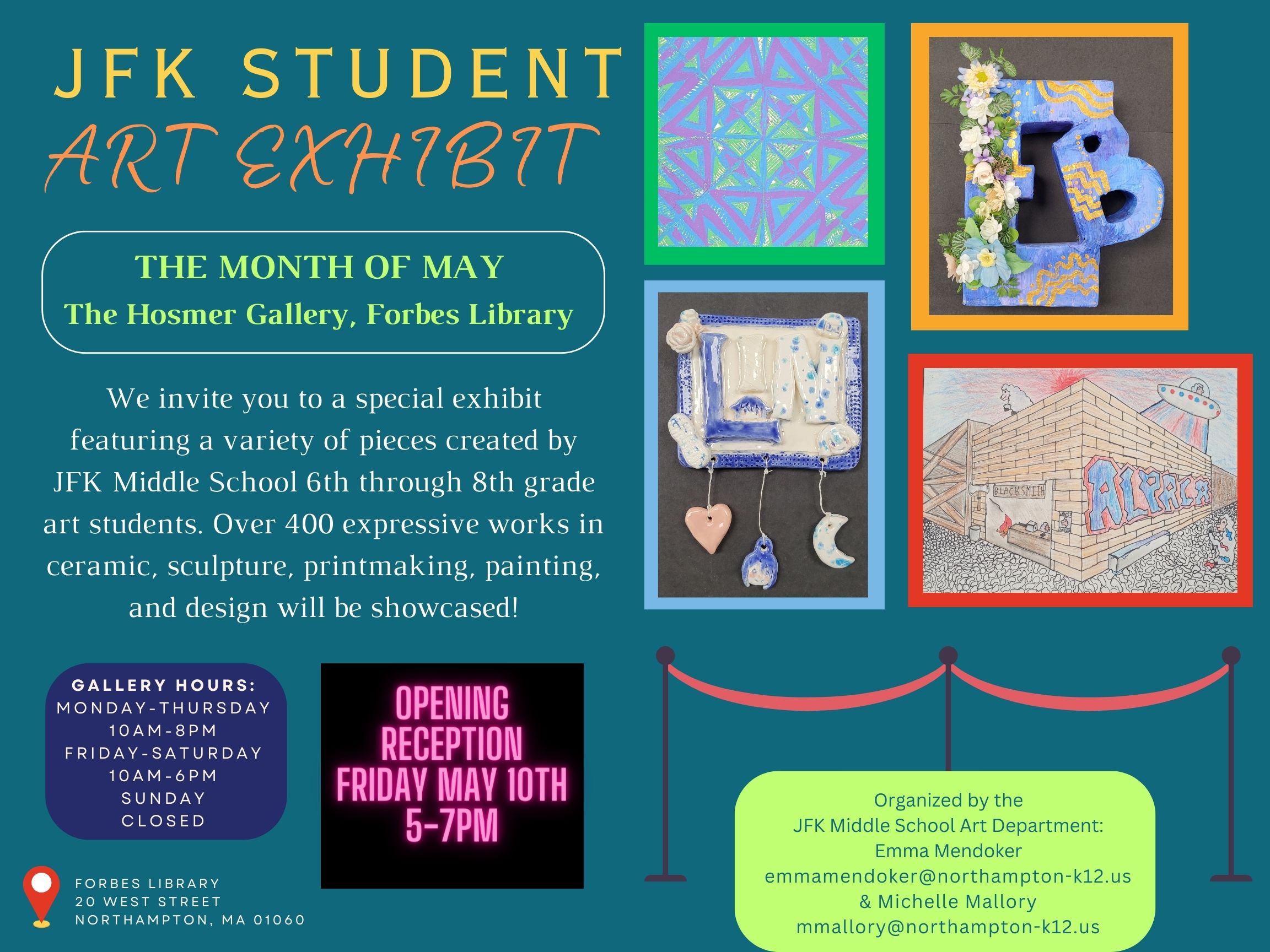 The JFK Student Art Show. May 2-30, 2024. Reception: Friday May 10, 5-7 PM. We invite you to a special exhibit featuring a variety of pieces created by JFK Middle School 6th through 8th grade art students. Over 400 expressive works in ceramic, sculpture, printmaking, painting, and design will be showcased!