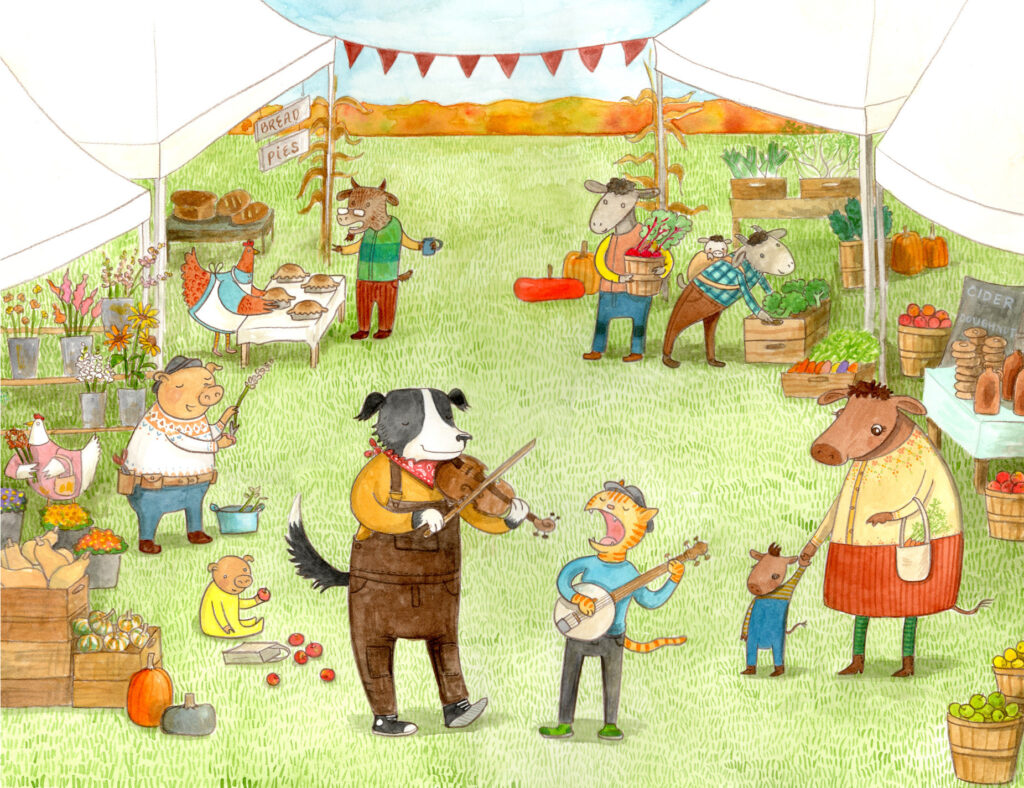 Illustration by Chaldea Emerson showing a dog playing the fiddle and a cat playing the banjo at a farmers' market.