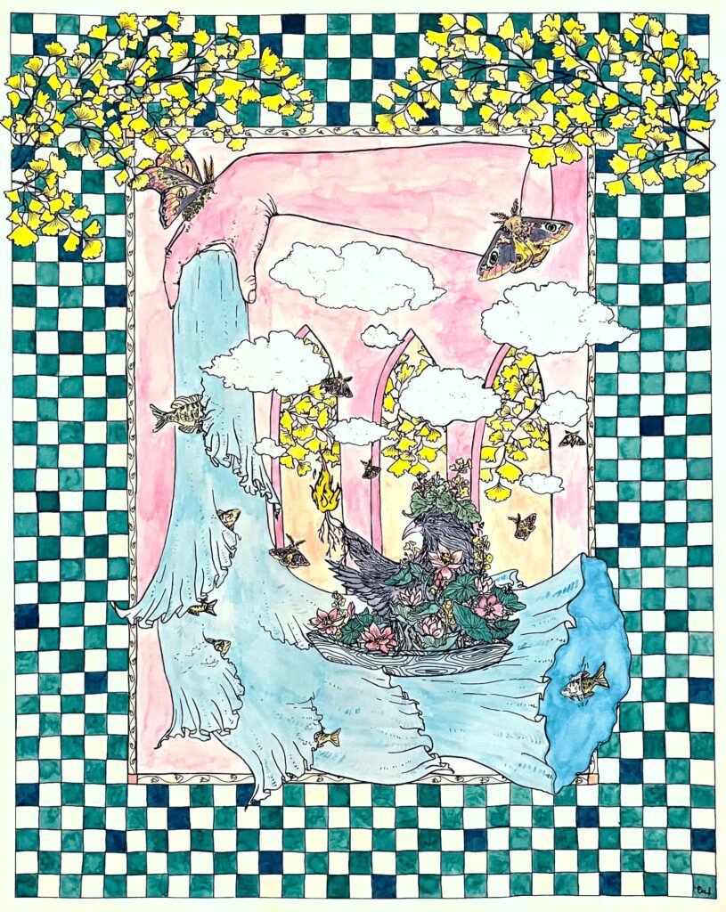 An illustration depicting a floating hand with a billowing curtain spilling from the fingertips. Fish and butterflies navigate the curtain's folds, and a corvid draped in foliage sits atop of tree's branch. 