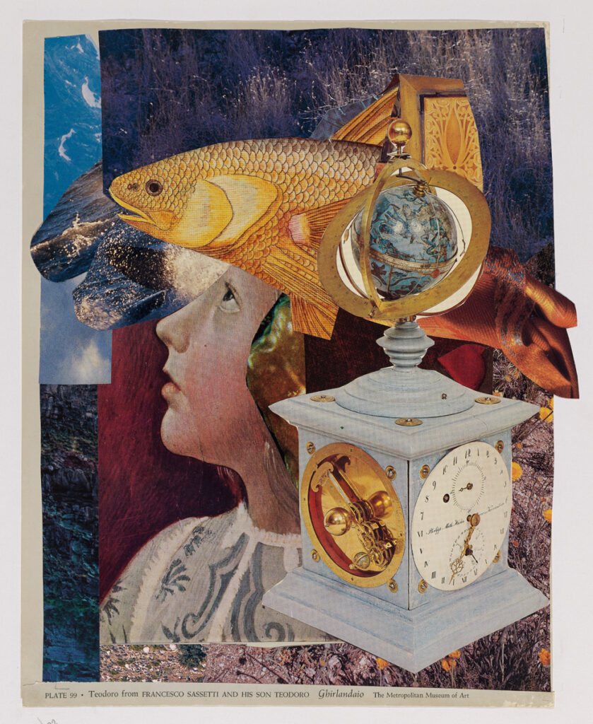 Collage image featuring an orange fish, a face and silhouette looking upwards, and an antique globe with images of the sky and ocean in the background. 