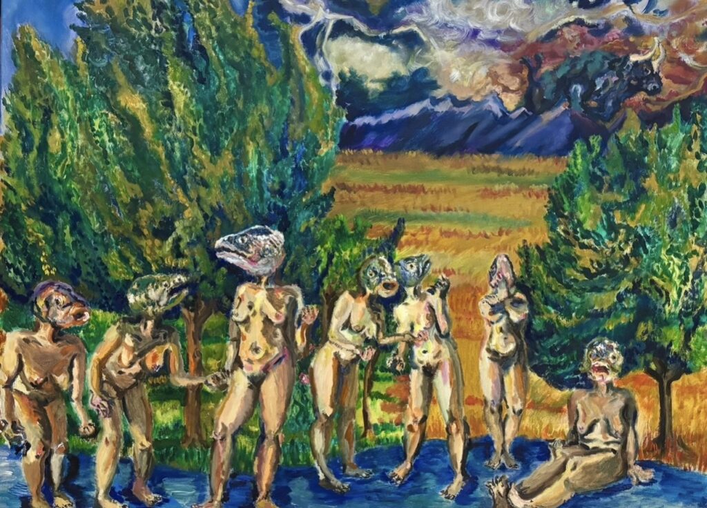 Nude, pale human bodies with fish heads stand around in conversation beneath trees with a golden field in the background. 