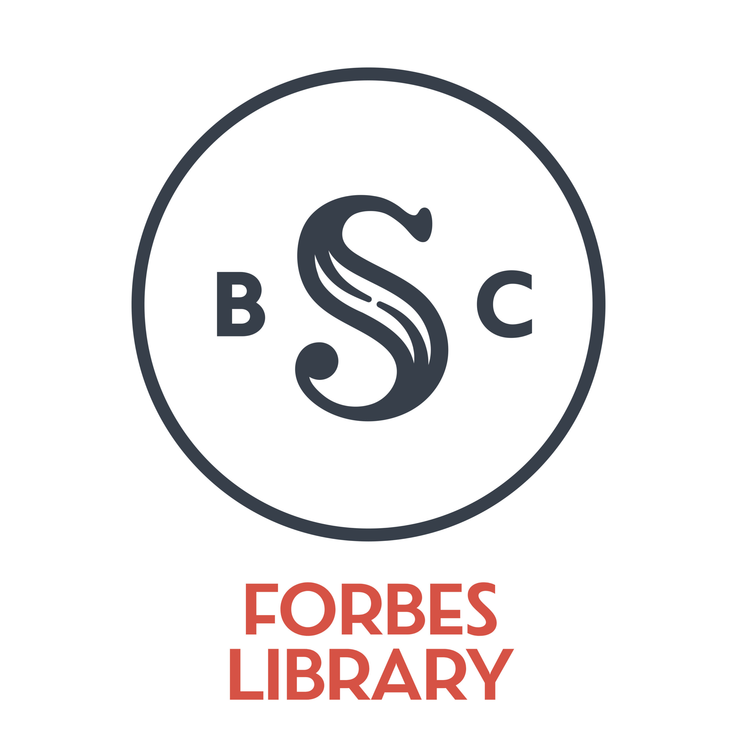 Circle with a stylized letter S in the middle, with B and C on either side. "Forbes Library" is underneath the circle.