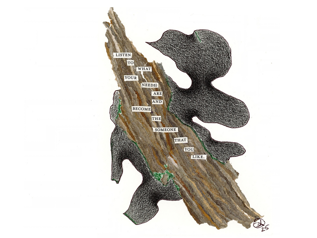 Collage of lichen, bark, and pieces of wasps' nests with the text "Listen to what your needs are and become the someone that you like."